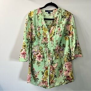 Denim 24/7 Green & Pink Short Sleeve Floral Pintuck Cotton Button Down Shirt 16W